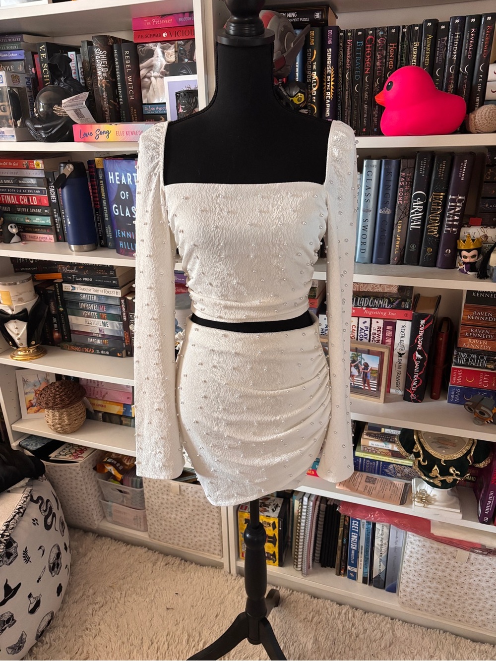 Windsor White Pearl-Embellished Long-Sleeve Mini Skirt Set